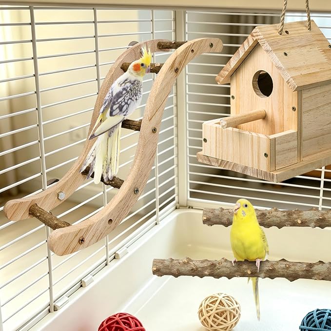 Hamiledyi Nature Wooden Bird Ladder Pet Parrots Climb Bridge Exercise Stands for Parakeet Climbing Chewing Bridge Bird Cage Accessories for Cockatiel Parakeet Lovebirds Budgie
