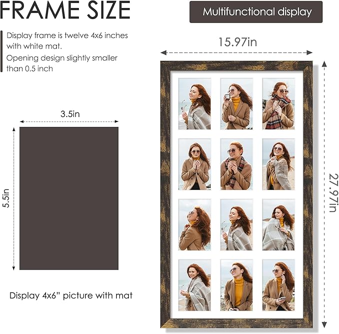 14x26 Collage Picture Frame 4x6 Collage Picture Frame Displays Twelve 4x6 inch Photos Available Horizontal Wall Mounting Display and Vertical Brown