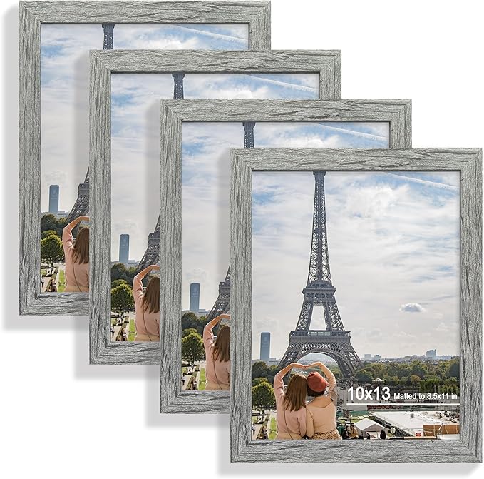 10x13 Picture Frame Set of 4, Made of Real Glass and Grey Frame, 10 by 13 Photo for Wall or Tabletop - Display Picture 8.5x11 with Mat or 10x13 Without Mat