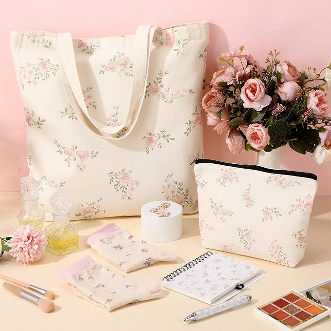 Talltalk 6 Pcs Pink Flower Gifts for Women Flower Lover Gift Set, Socks Canvas Bag Makeup Bag Spiral Notebook Ballpoint Pen and Stainless Steel Keychain for Christmas Birthday Graduation Thanksgiving