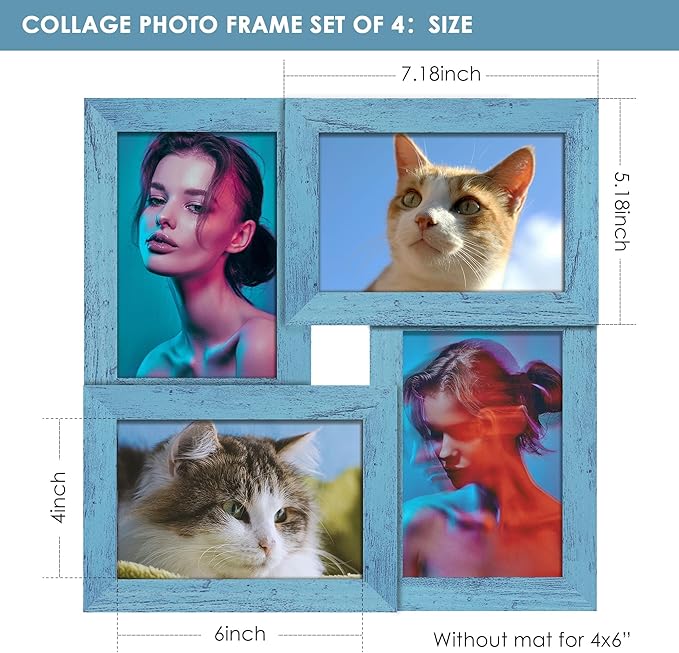 4x6 Collage Picture Frame Tempered Glass Front, Displays Four 4x6 Photo, Family Photo Collage Frame, Wall Decor Wall Hanging or Tabletop, Blue