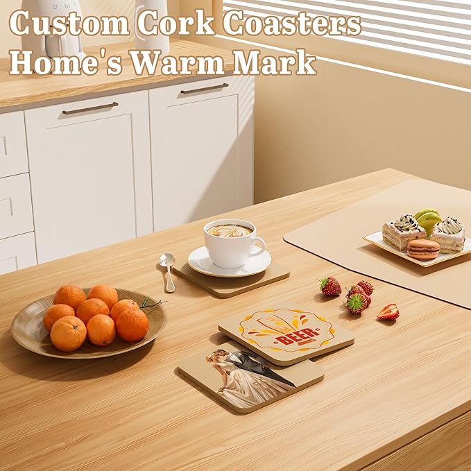 30-100 Pcs Personalized Coasters, UV Full Color Printing Customize Photo Logo Text, Non-Slip Heat-Resistant Custom Cork Bar Coasters for Drinks Personalized Gifts (Square)
