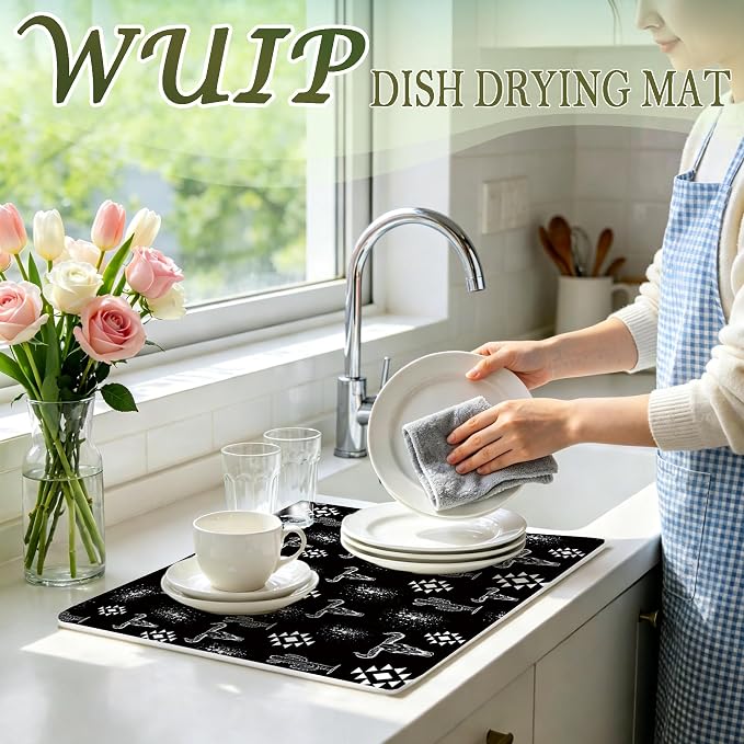 Black Western Dish Drying Mats for Kitchen Counter, Boho Western Cow Skull Aztec Cactus Absorbent Reversible Coffee Bar Mat Drying Pad for Kitchen Decor, 12x15 Inch
