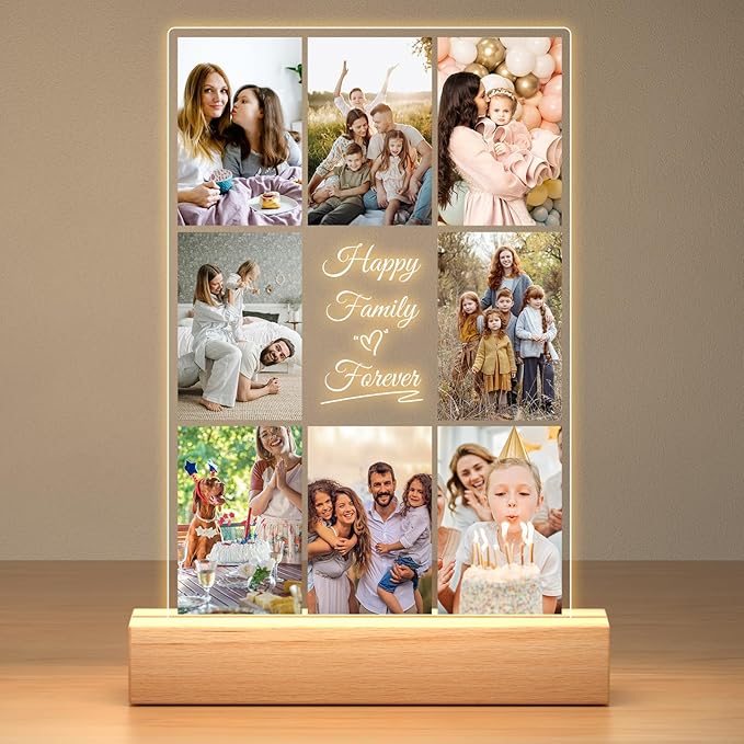 Personalized Collage Picture Frames with Photos, Custom Photo Frame with Night Light, Customized Picture Frame, Personalized Christmas Birthday Gifts for Women Men Mom Dad Kids Baby Family Friends