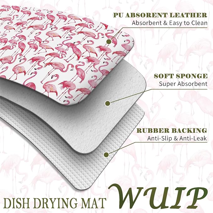 Pink Flamingo Dish Drying Mats for Kitchen Counter, Flamingo Gifts, Summer Pink Bird Absorbent Reversible Coffee Bar Mat Drying Pad for Kitchen Decor, 12x15 Inch