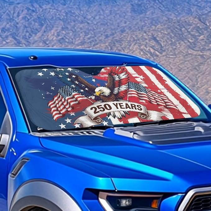 250 Years Windshield Sun Shade for Front Window American Flag Eagle Foldable Universal Auto Sun Shade UV Rays & Heat Protection Sun Visor Protector Accessories for Cars Truck SUV