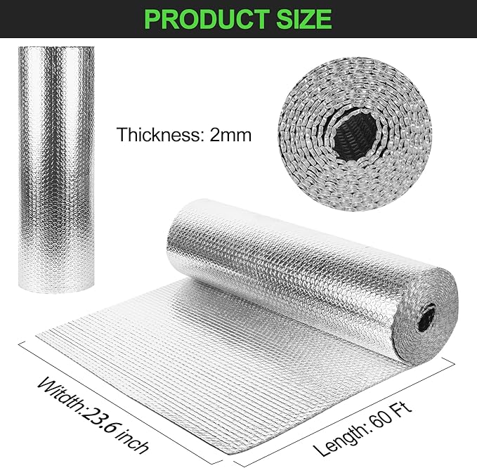 Reflective Insulation Roll 23.6inch x 60Ft Double Bubble Reflective Aluminum Foil Wrap Insulating Sheet Thermal Shield Radiant Barrier for Winter RV Window Thermal Cold Insulation Summer Heat - Silver