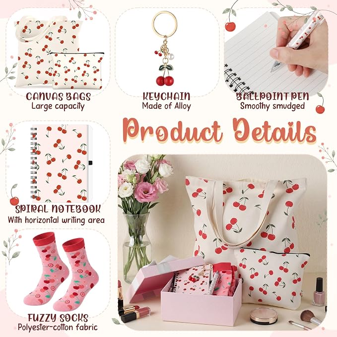 Talltalk 6 Pcs Cherry Gifts for Women Cherry Lover Gift Set, Socks Canvas Bag Makeup Bag Spiral Notebook Ballpoint Pen and Stainless Steel Keychain for Christmas Birthday Graduation Thanksgiving