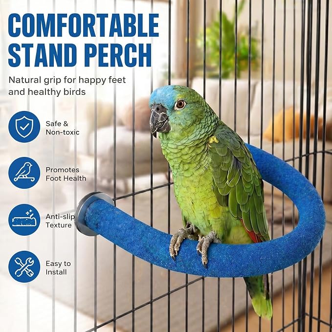 Rypet U-Shaped Large Parrot Perch, Quartz Bird Perch for Cage(Blue L) | Safe Chew & Rest Perch for Large Birds, Durable Non-Toxic Cage Accessory, for Parakeets Cockatiels Conures Macaws