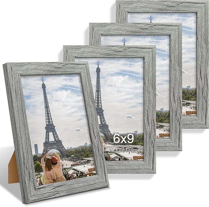 6x9 Picture Frame Set of 4, Made of Real Glass and Grey Wooden Frame - 6 by 9 Photo for Wall or Tabletop Display