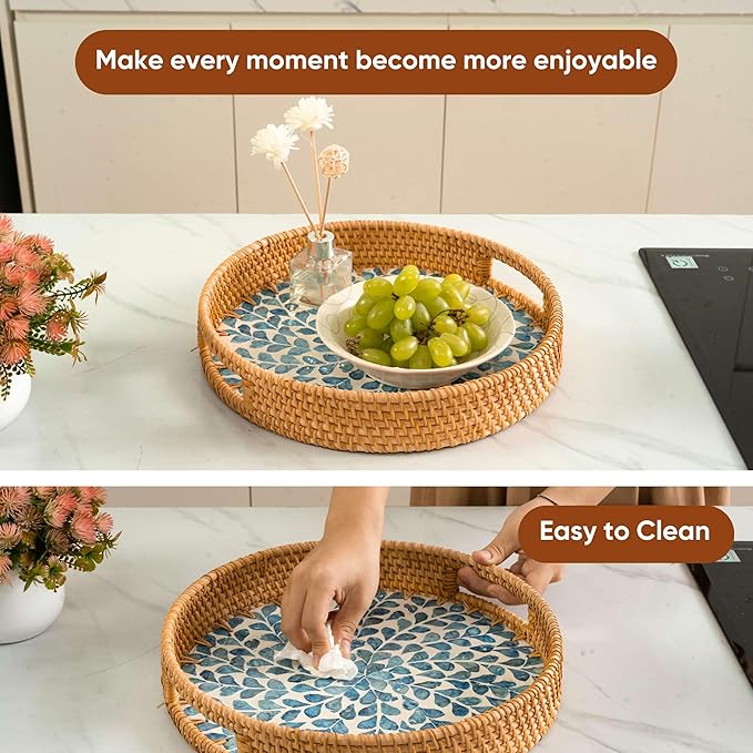 KOLWOVEN Round Rattan Tray with Handle, Rattan Serving Tray with Mother of Pearl Inlay Wooden Base, Decorative Wicker Basket for Table Decor (Blue Leaves)