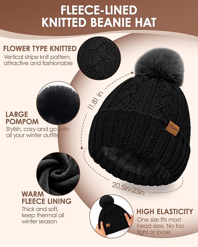 Womens Winter Beanie Hat Scarf Gloves Set, Fleece Lined Knitted Hat with Pompom Long Scarf Touchscreen Mittens for Women Men