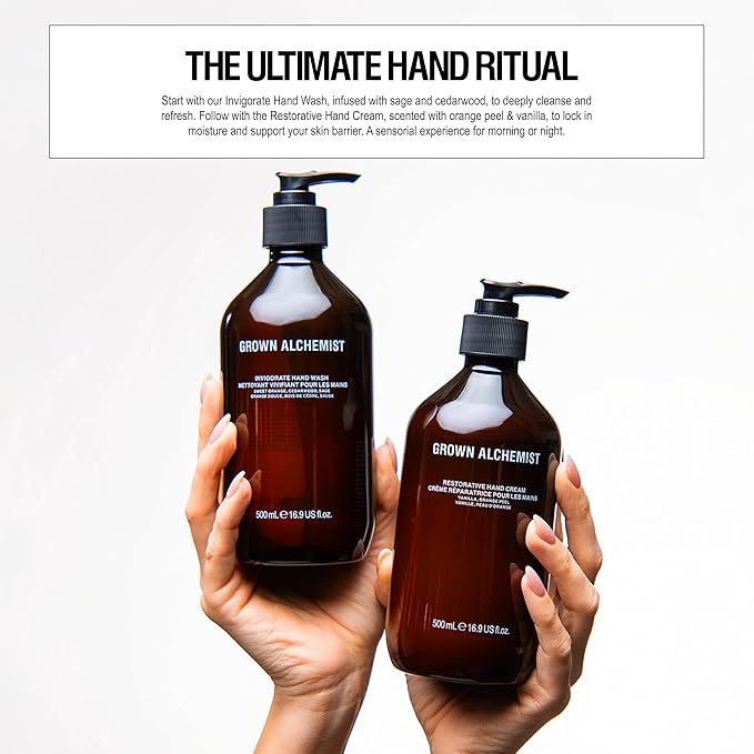 Grown Alchemist Invigorate Hand Wash Refill Pouch, Sweet Orange, Cedarwood, Sage. Soothe, Soap to Cleanse & Nourish Skin, (1L).