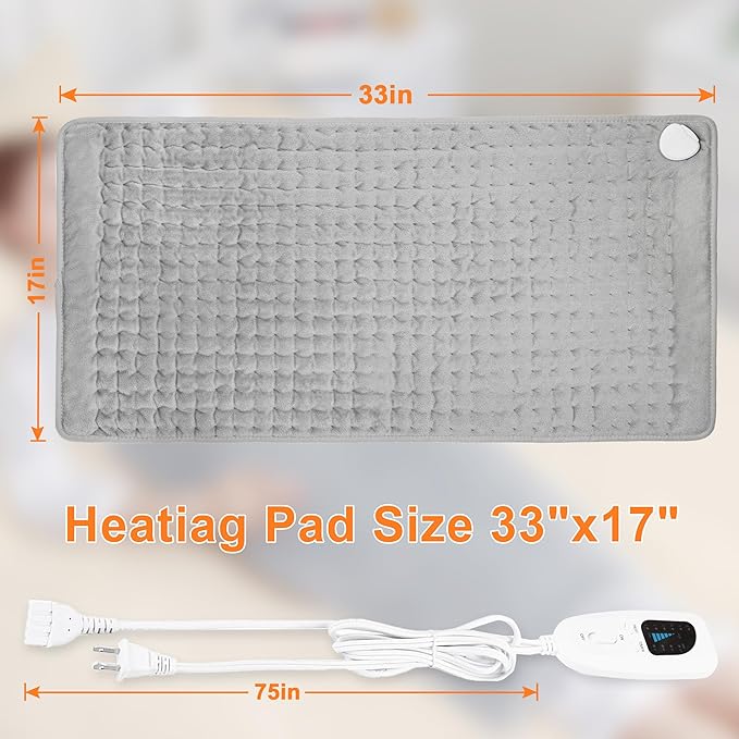 Deepsoon Heating Pad,Electric Heating Pads for Back,Neck,Abdomen,Moist Heating Pad for Shoulder,Knee,Arms,Legs,Dry/Moist Heat & Auto Shut Off,Christmas Gifts for Men and Women,Light Gray,33x17 Inch