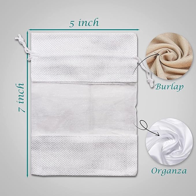 48-Pack Medium Linen Burlap & Organza Gift Bags w. Drawstrings (5x7 in, White) - Party Favors, Presents, Samples & Treats Mesh Pouch by The Display Guys