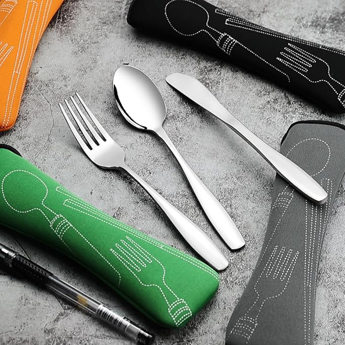 3-Piece Stainless Steel Picnic Cutlery, Portable Silverware Set for Work, Travel Utensil Set w/Case, 4-Pack