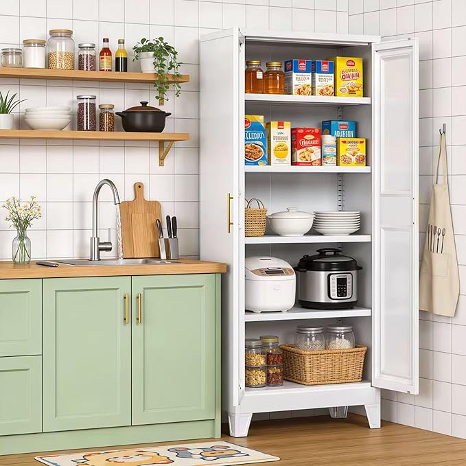 61.49''H Metal Pantry Storage Cabinet with 3 Adjustable Shelves,Farmhouse Kitchen Pantry Cabinet with 2 Doors for Home Kitchen,White, Assemble Required,13.7" D x 27.5" W x 61.4" H