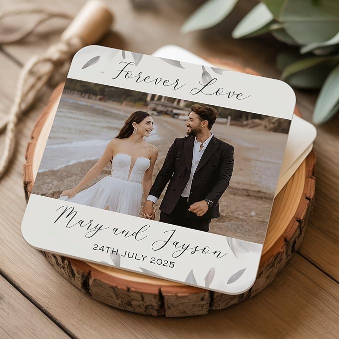 40 Pack Personalized Wedding Coasters, Custom Cardboard Coasters for Drinks with Photo Print and Text, Keepsake Wedding Favors and Gifts for Couples, 4x4 Square, Design 7