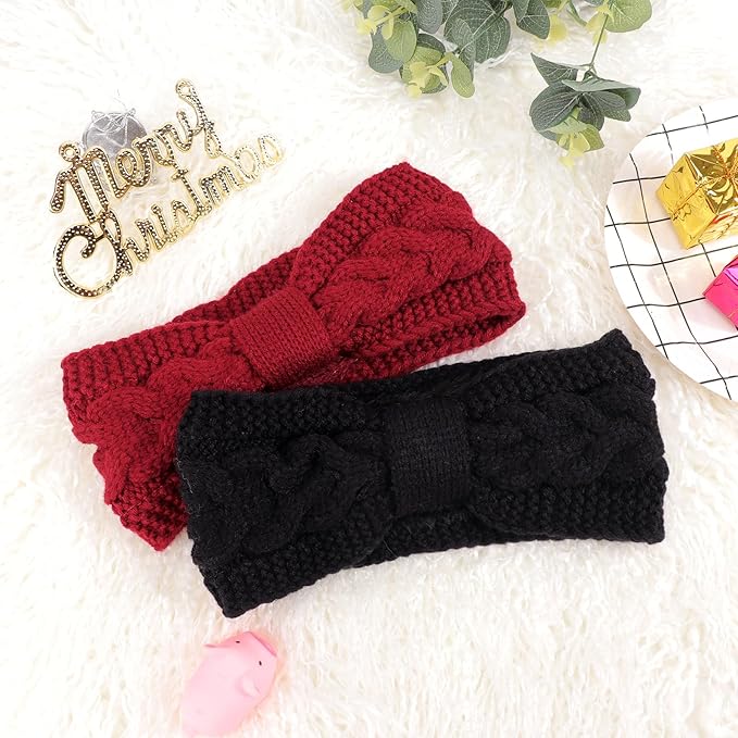 AQOKKA Knit Winter Headbands for Women Fuzzy Wool Fleece Lined Ear Warmers Elastic Turban Crocheted Head Wrap Winter Accessories for Women Cold Weather