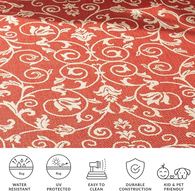 SAFAVIEH Washable Rug Outdoor Courtyard Collection - 7'10" Square, Red & Natural, Non-Shedding & Easy Cleaning, Ideal for Patio, Backyard, Mudroom (CY2098-3707)
