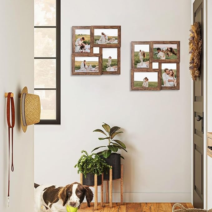 4x6 Collage Picture Frames, Multi Family Photo Frame with Real Glass, Displays Four 4x6 Photo, Wall Decor Wall Hanging or Tabletop, Rustic Brown