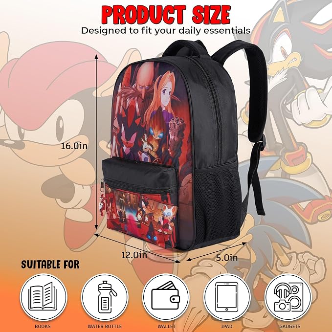 AI ACCESSORY INNOVATIONS Sonic X Shadow Generations Dark Beginnings Backpack for Girls & Boys, 16" Black Bookbag with Molded Shadow Dangle, Sublimation Print