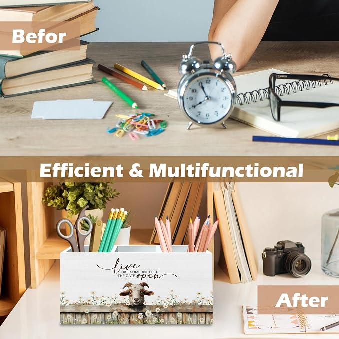 DILSJ Goat Inspirational Pen Pencil Holder Organizer for Desk, Gifts for Goat Lovers Women, Live Like Someone Left the Gate Open Wooden Box Signs for Home Office Desk Tabletop Decoration