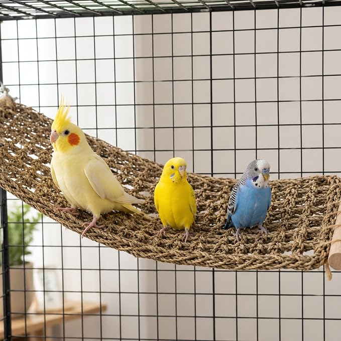 FlidRunest Extra-Large 21.6x7.8IN Conure Ladder Perch for Cage, Bird Seagrass Ladder Bridge Exercise Stands, Natural Hand-Woven Parrot Net Climbing Chewing Hammock, Cage Accessories for Conure Budgie