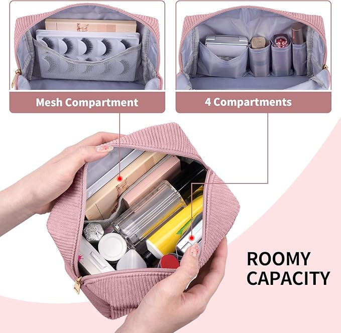 MAGEFY Corduroy Makeup Bag Small Makeup Bag for Purse with Compartments Cute Makeup Pouch Cosmetic Bag for Women Friends Preppy Gifts (Pink, SKIN)