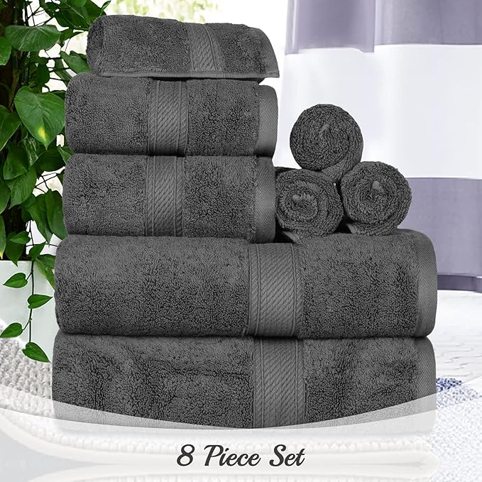 BLUENILEMILLS Madison Egyptian Cotton Towels, Towel Set for Bathroom, Shower, Hotel, Plush, 900 GSM, Highly Absorbent and Ultra-Soft Towels, Bath Essentials, 8 Piece Assorted Towel Set, Charcoal