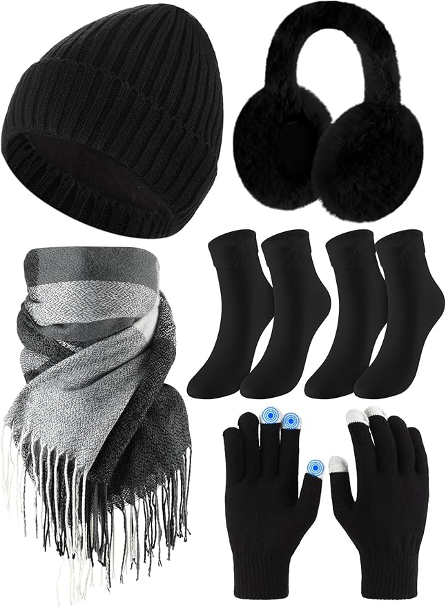 Geyoga 6 Pcs Winter Hat Scarf Gloves Set Knitted Touchscreen Gloves Plaid Scarf Earmuffs Socks Gift for Women Men