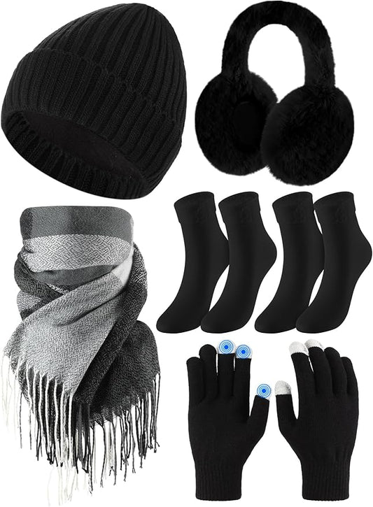 Geyoga 6 Pcs Winter Hat Scarf Gloves Set Knitted Touchscreen Gloves Plaid Scarf Earmuffs Socks Gift for Women Men