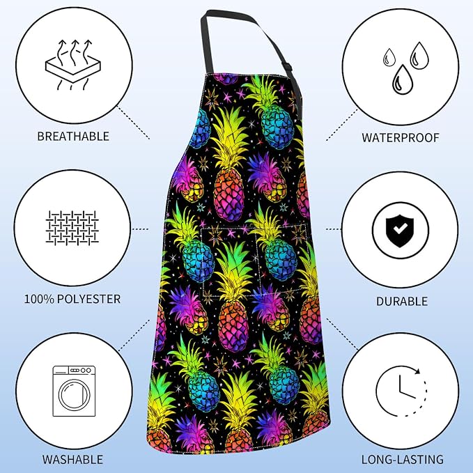 Neon Pineapple Apron for Women,28x33in, Colorful Fruit Kitchen Aprons with 2 Pockets,Oxford Fabric,Bright Adjustable Black Apron for Cooking Baking Gardening Chef,Gifts for Mom Wife