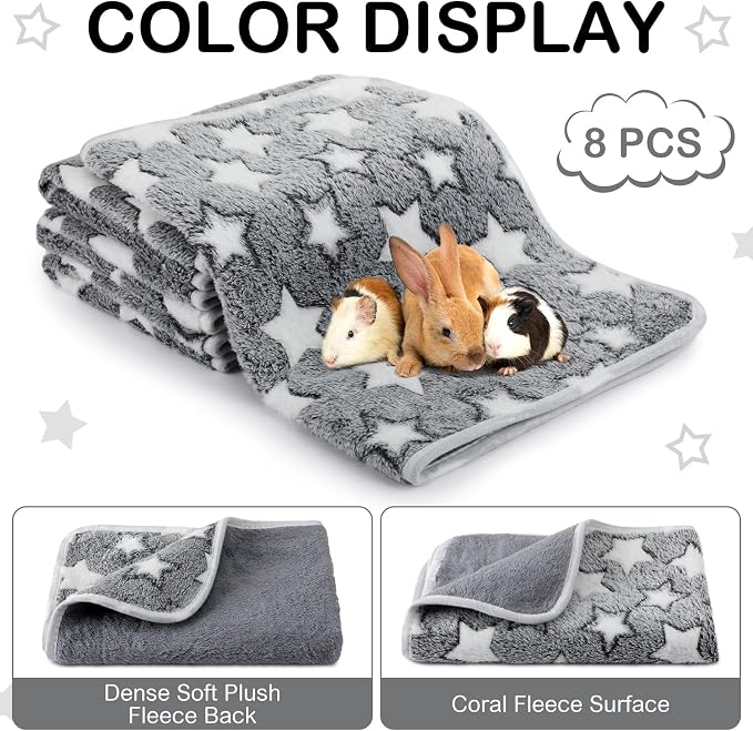 Tudomro 8 Pcs Guinea Pig Fleece Cage Liners, Grey Star, 12 x 12 Inch | Washable Reusable Small Animal Bedding, Absorbent Blankets for Ferret Chinchilla, Soft Fleece Mat Pads Protect Furniture