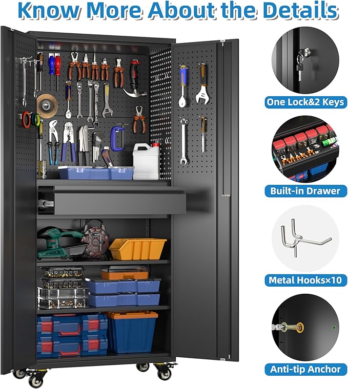 Garage Storage Cabinet with Wheels and Doors,Lockable Metal Storage Cabinet with Drawer Pegboard and Hooks for Garage Warehouse Home,Required Assembly,Black,71" H×15" D×30" W