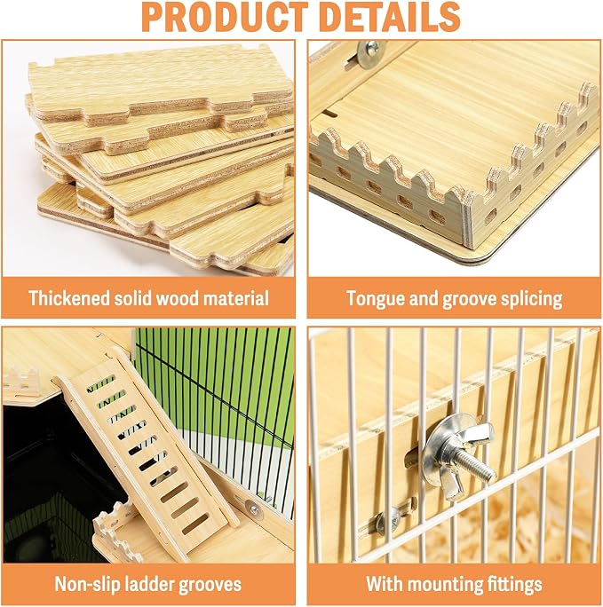 Fhiny 2-Tier Hanging Gerbil Climbing Platform with Ladder & Fence, Wooden Platform for Cage, Hamster Activity Playground Habitat Decor, Cage Accessories for Dwarf Hamster Gerbil Mice Rat Mouse