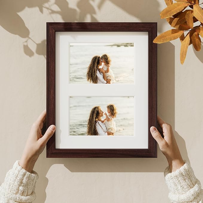 Vittanly 8x10 Collage Picture Frame, Displays 2Pcs 4x6 Pictures with Mat or 1Pcs 8x10 without Mat, Photo Frame for Wall Mounting or Table Top with Stand, Brown, 1 Pack