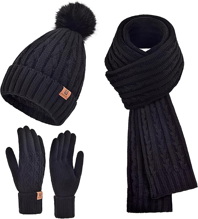 Uerymit Womens Winter Warm Beanie Hat Long Scarf Touchscreen Gloves Set with Fleece Lined Skull Pom Caps 3 in 1 Set for Gift