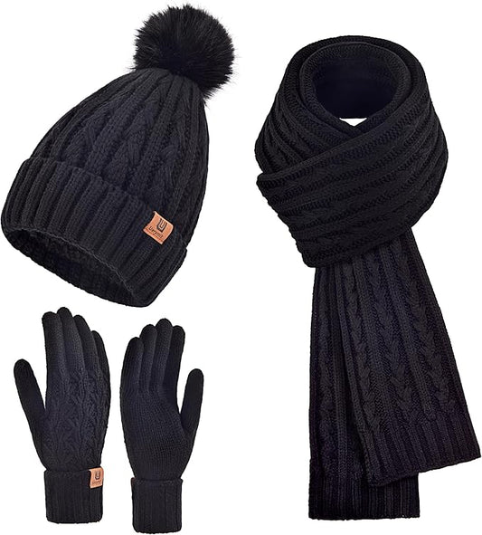 Uerymit Womens Winter Warm Beanie Hat Long Scarf Touchscreen Gloves Set with Fleece Lined Skull Pom Caps 3 in 1 Set for Gift