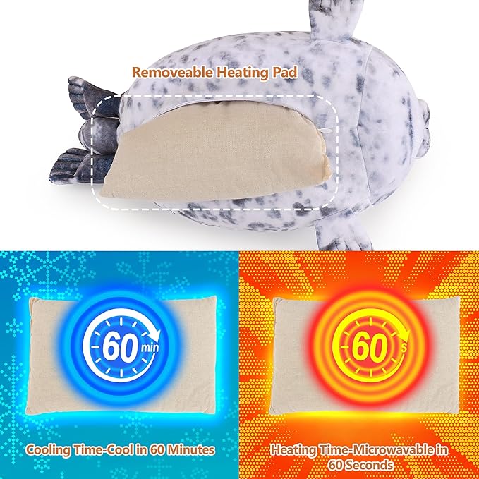 1.5lb Seal Stuffed Animals Plush Microwavable Heating Pad-15'' Seal Heating Pads for Cramps &Period Pain Relief, Heatable & Coolable Stuffed Animals Bedtime Birthday Gift for Women Kids