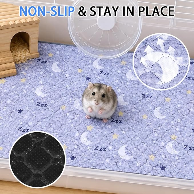 Guinea Pig Cage Liner 2 Pack Super Absorbent Washable Guinea Pig Pee Pads Waterproof Reusable Anti Slip Bedding Pee Pad Mat for Rabbit Bunny Rat Cat (Stars&Moon, 28" x 14" (2 Pack))