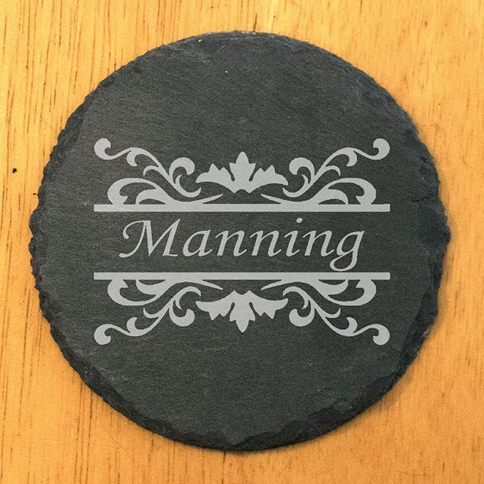Personalized Monogram Family Coasters, Natural Stone Set, Birthday, Wedding, Customized, Rustic - Round Slate - Set of 8