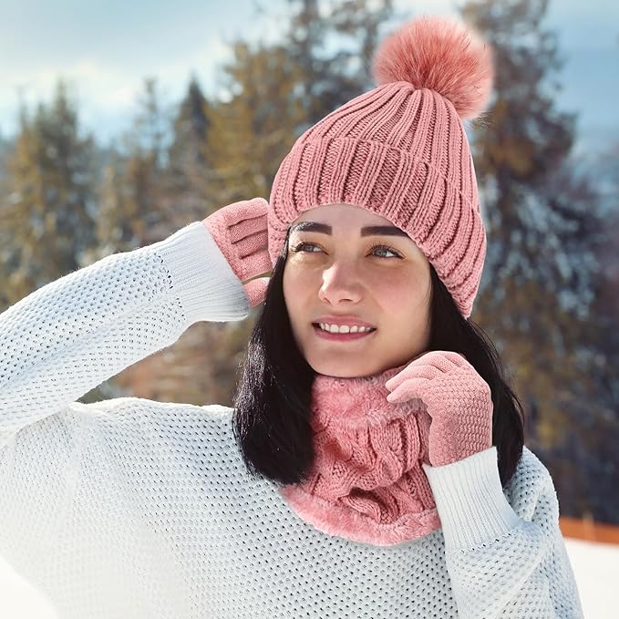 SATINIOR 5 Pcs Winter Satin Lined Hat Scarf Gloves Set Knit Pompom Beanie Warm Touchscreen Glove Earmuff Ear Warmer for Women