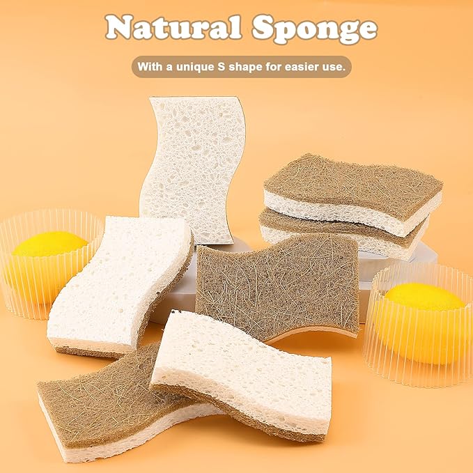 12 Pack Natural Sponges,Kitchen Sponge,Natural Dish Sponges for Washing Dishes,Biodegradable Compostable Cellulose and Coconut Scrubber Sponge for Kitchen,Non-Scratch,Odor Free