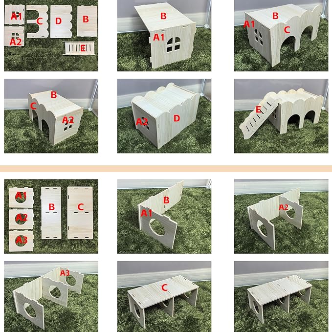 2 PCS Wooden Hamster Hideout Multi-Chamber Tunnel Hamster House Hiding Maze Platform Stuff Exploring Toy Cage Accessories for Gerbil Rat Mice