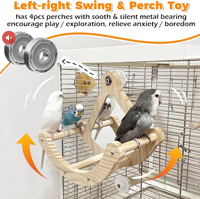 Rocking Bird Perch Toy with Mirror for Cage, Enrichment Parakeet Toys | Wood Exercise Wheel Cockatiel Toys, Birds Enrichment Toy for Parrot, Interactive Cage Accessories Perch for Budgie Conure