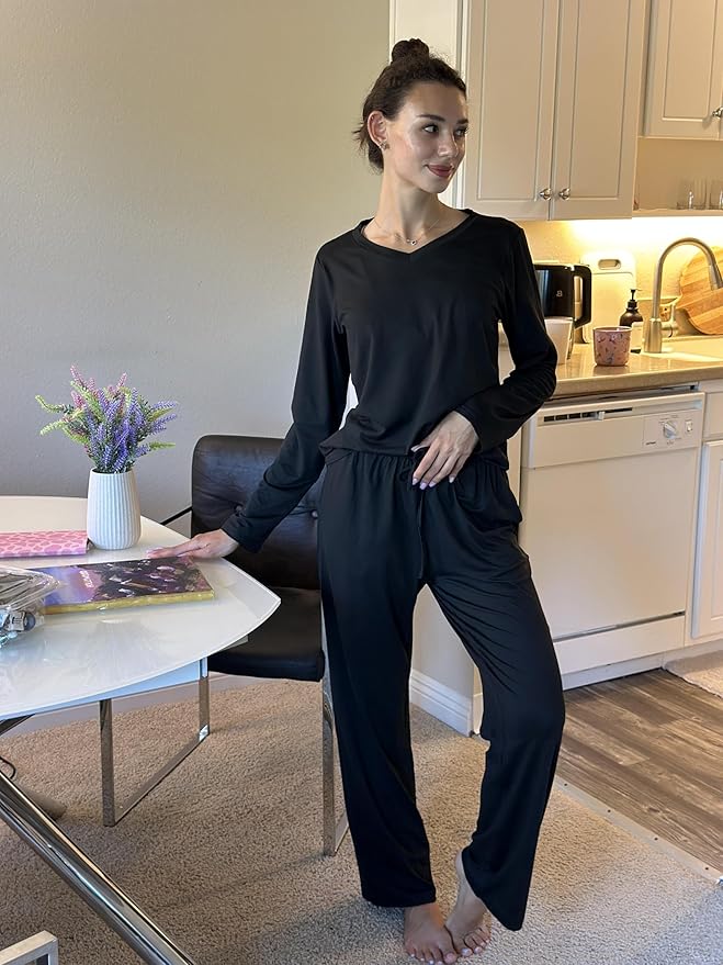 Ekouaer Womens 2 Pack Pajama Set Long Sleeve Pajamas Top and Pants V Neck Pjs Set Soft Loungewear with Pockets