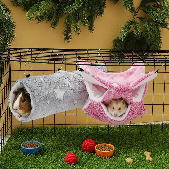 AceOrbit 6 Pcs Luminous Ferret Hammock Set 3 Tier Guinea Pig Hammocks Rat Hanging Tunnel Warm Soft Hamster Hideout Plush Small Animals Bed for Sugar Glider Cage Accessories Hide, Play and Sleep