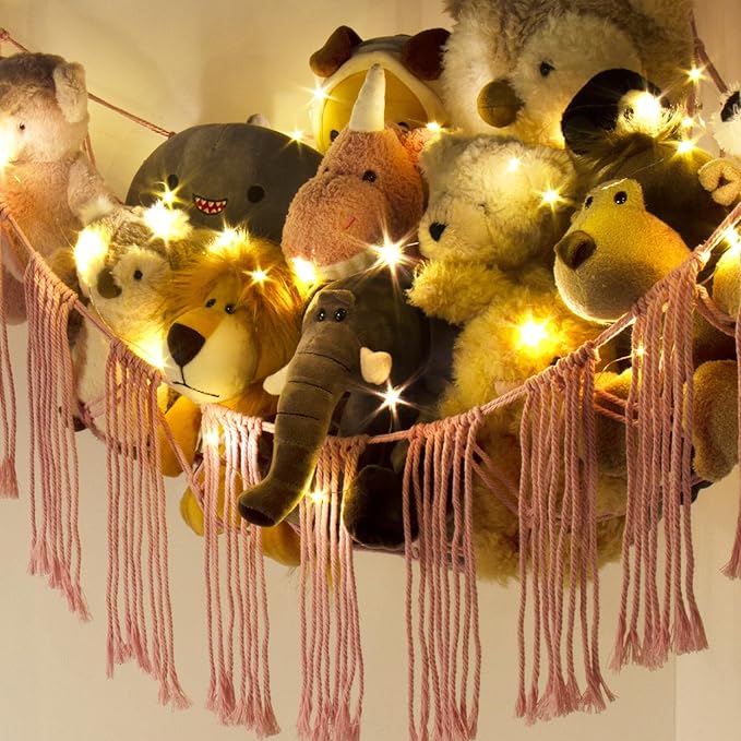 Stuffed Animal Hammock Corner Net with LED Light - Toy Storage Holder - Pink Cute Room Bedroom Decor for Teen Girls - Cute Bedroom Aesthetic Stuff for Baby Nursery Toddler Kids 8 - 10 - 12 Years Old