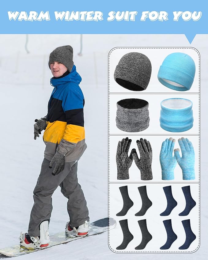 10 Pieces Winter Hat Beanie Scarf Touch Screen Gloves and Sock Set Slouchy Knit Skull Cap Beanies Fleece Lining Neck Warmer
